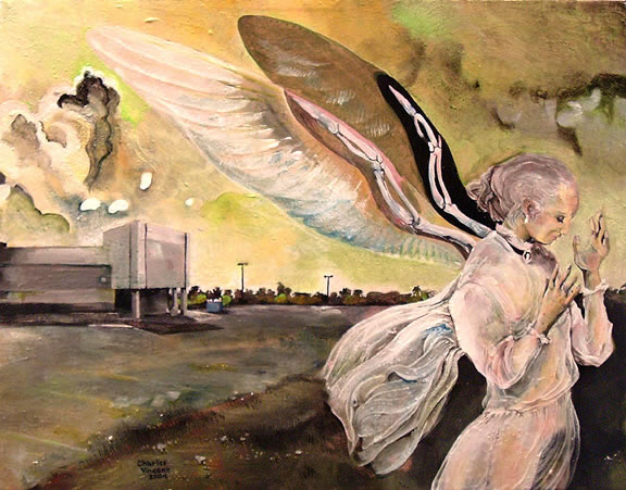 Charles Vincent - Harmony - A winged woman looks into her hands outside something that looks a lot like Oxbury Mall.
