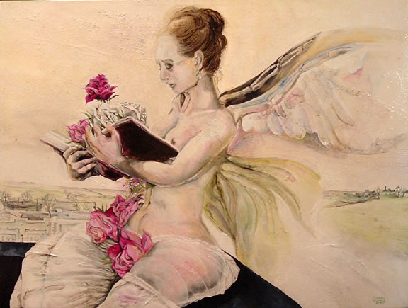 Charles Vincent - The Book of Roses - A winged woman opens a book which erupts in flowers that spill into her lap. INdustrial buildings dot the horizon.