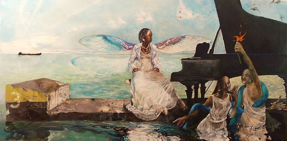 Charles Vincent - The Petals of Flame - A winged woman sits at a piano on a pier, two other women emerge form the water carrying blue snakes and a flame like flower. A ship passes on the horizon.
