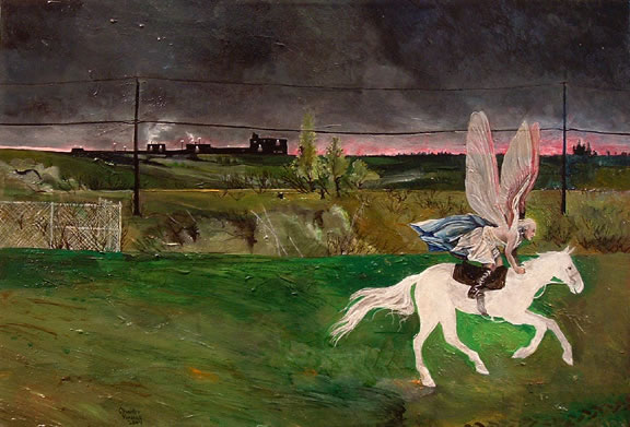 Charles Vincent - White Mare, Winged Rider - A winged woman rides a white horse at dawn past utility poles, a fence, a factory.