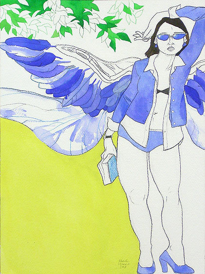 Blue Yellow Story - A winged woman wearing a  cardigan and matching panties and sunglasses holds a book in front of a leafy tree.