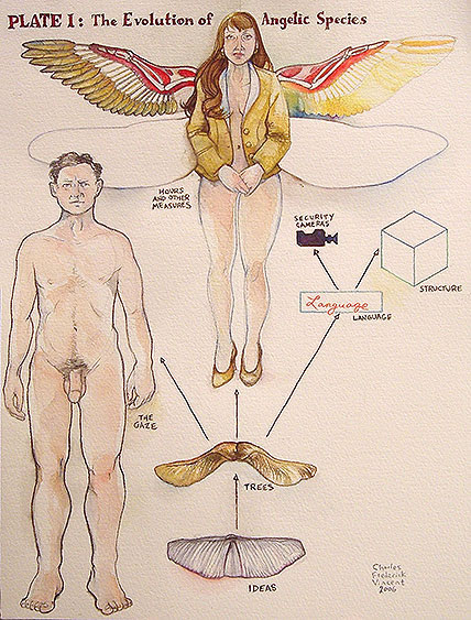 Charles Vincent - The Evoloution of Angelic Species - A tree diagram where brachiopos evolve into maple keys, then a naked man, language, which becomes security cameras and structure, represented by a cube, with the topmost branch of the tree a golden-winged woman wearing a gold jacket and matching pumps, her hands folded demurely as she is naked waist down.