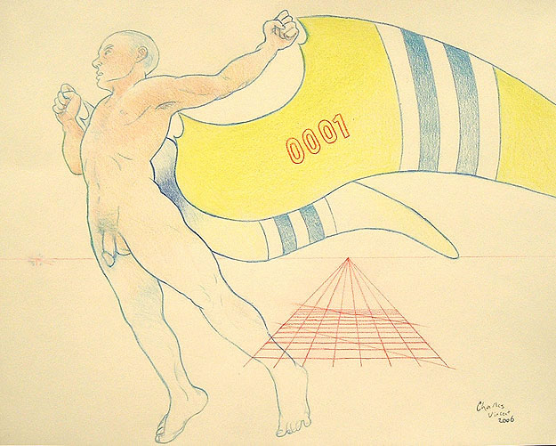 Charles Vincent - ONe Man's Perspective - A nude man with artificial wings flies over a diagram of one point perspective.