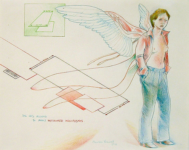 Charles Vincent - Unclaimed Manifestos - A winged woman in contemporary clothes with her blouse open stands in front of siple perpective diagrams in confilicting formats.