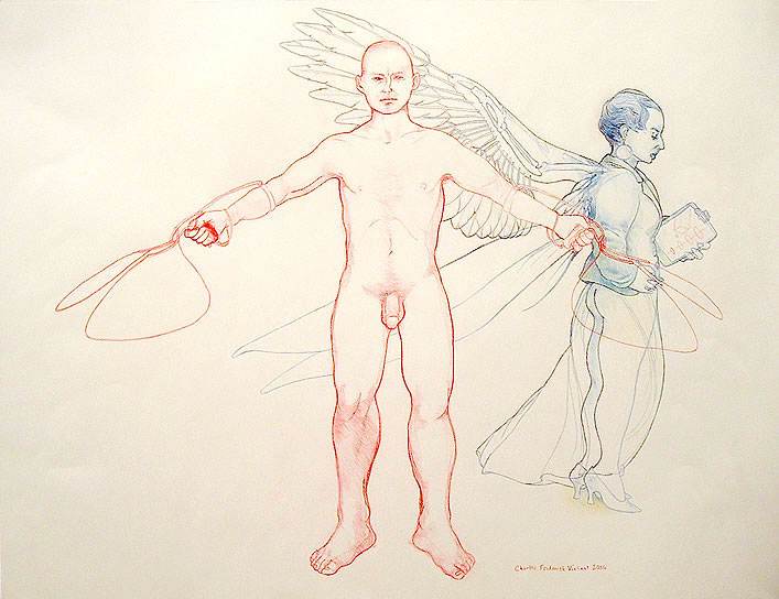 Charles Vincent - The History of Science - A naked man with small experimental macanical wings, with a winged woman with a clip-board.